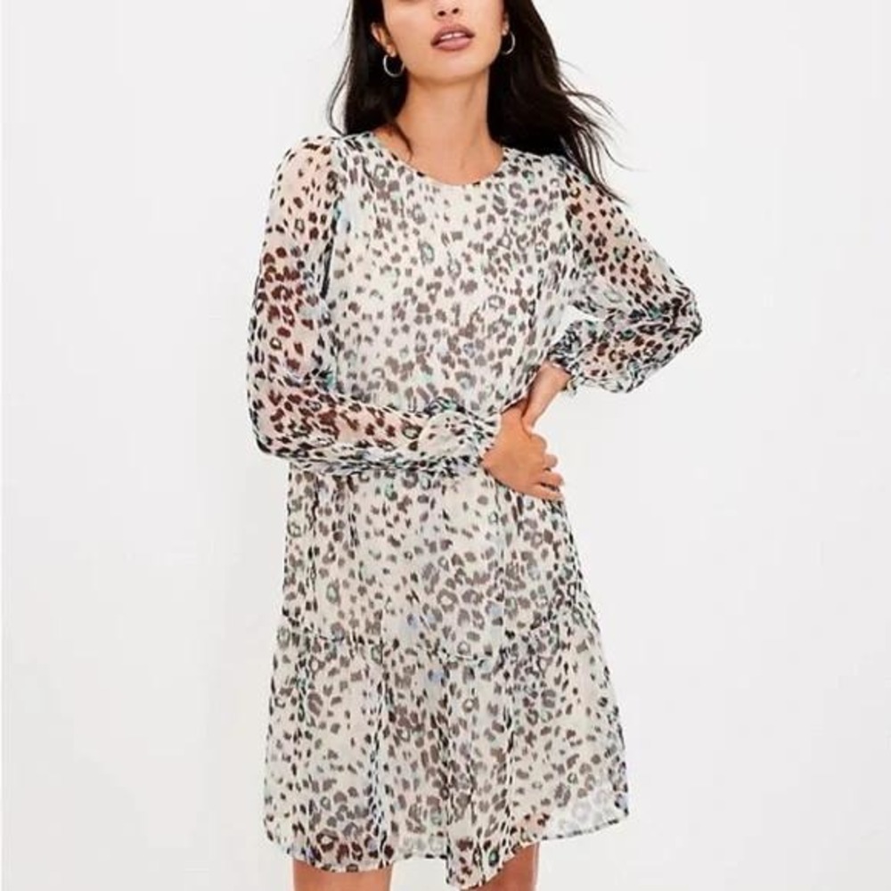 LOFT Women Medium Dress Blue Leopard Tiered Chiffon Long Bishop Sleeve NWT